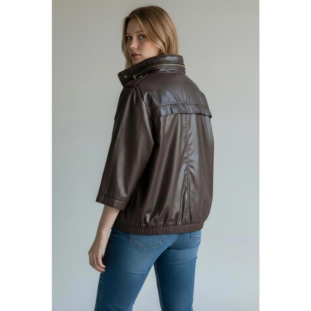 Chico's Brown Waxed Shiny 3/4 Sleeve Bomber Jacket, Size 2 (US 12) - Picture 3 of 8